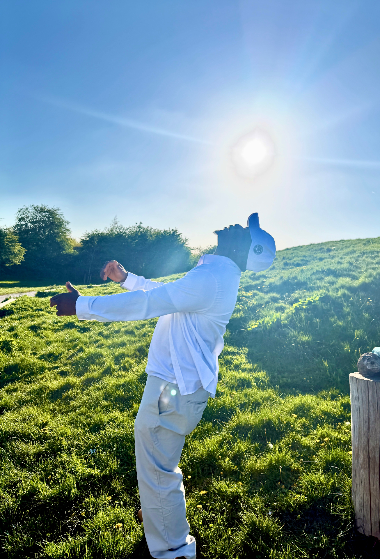 B O G outdoors in a white outfit
